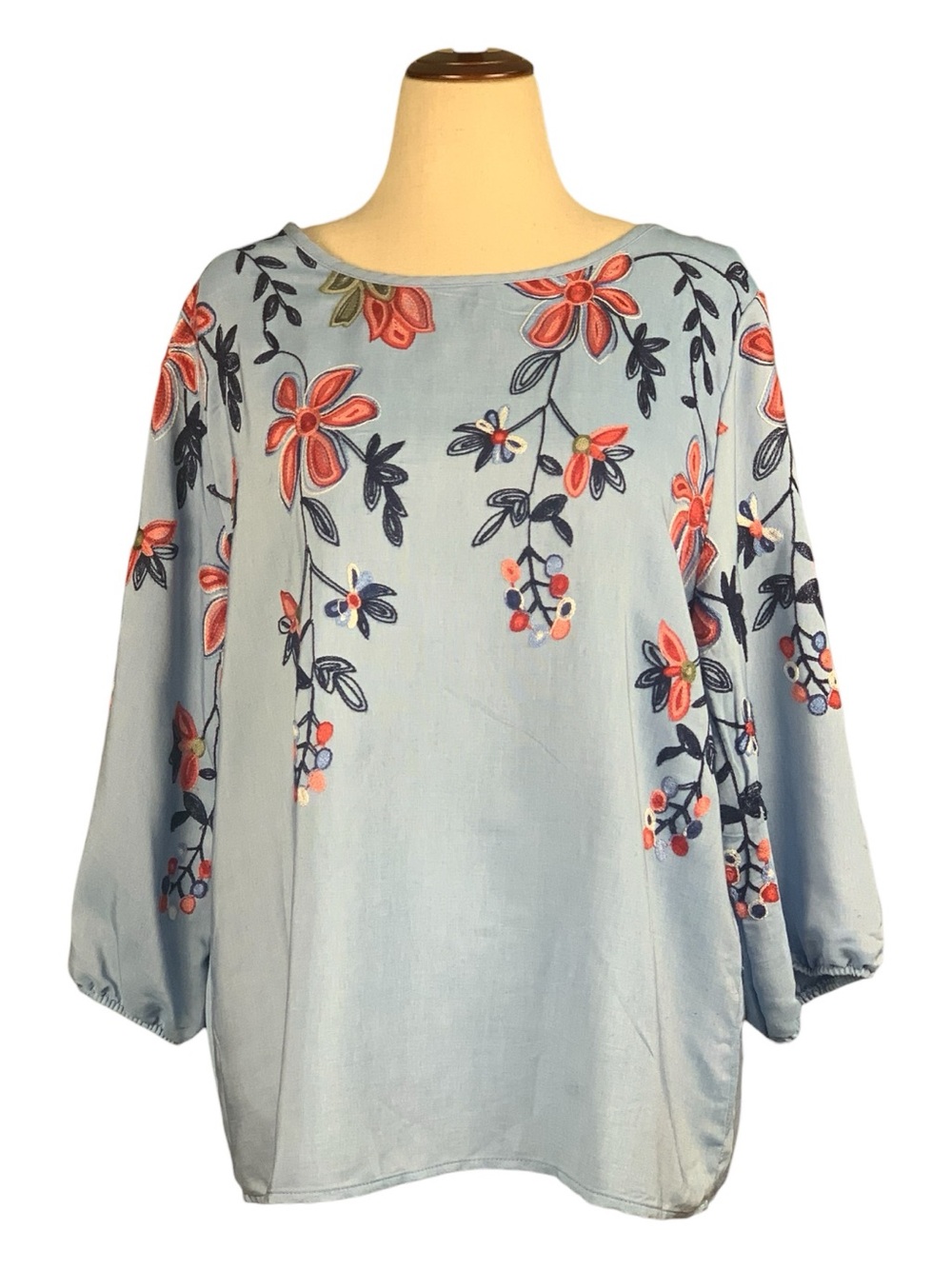 Ana & Rose Light Blue‎ Feminine Blouse Top Floral Embroidery Cottagecore Size XL